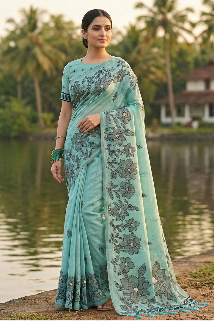 Awesome Linen Cotton Printed Saree In Sea Green Color | Buy Online India