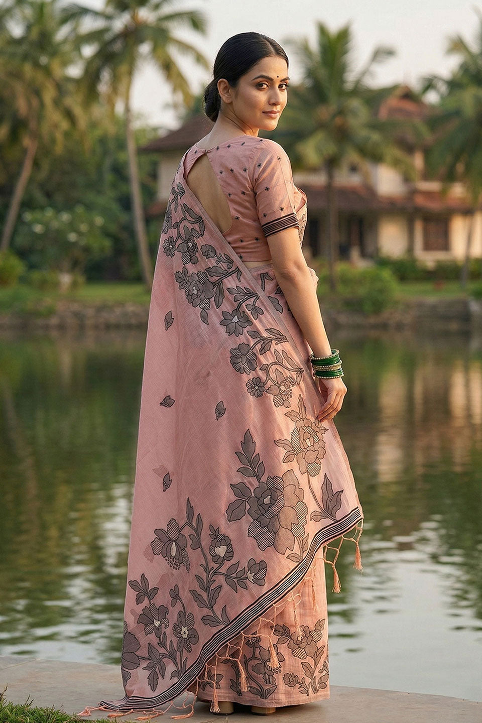 Peach Color Linen Cotton Casual Style Printed Saree | Buy Online India