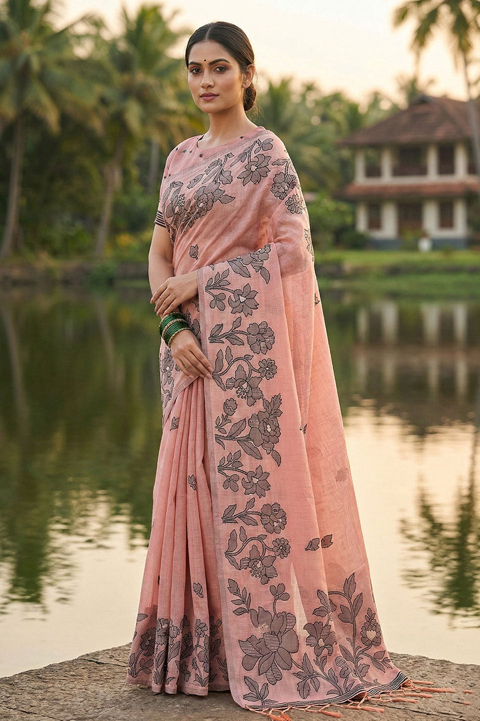 Peach Color Linen Cotton Casual Style Printed Saree | Buy Online India