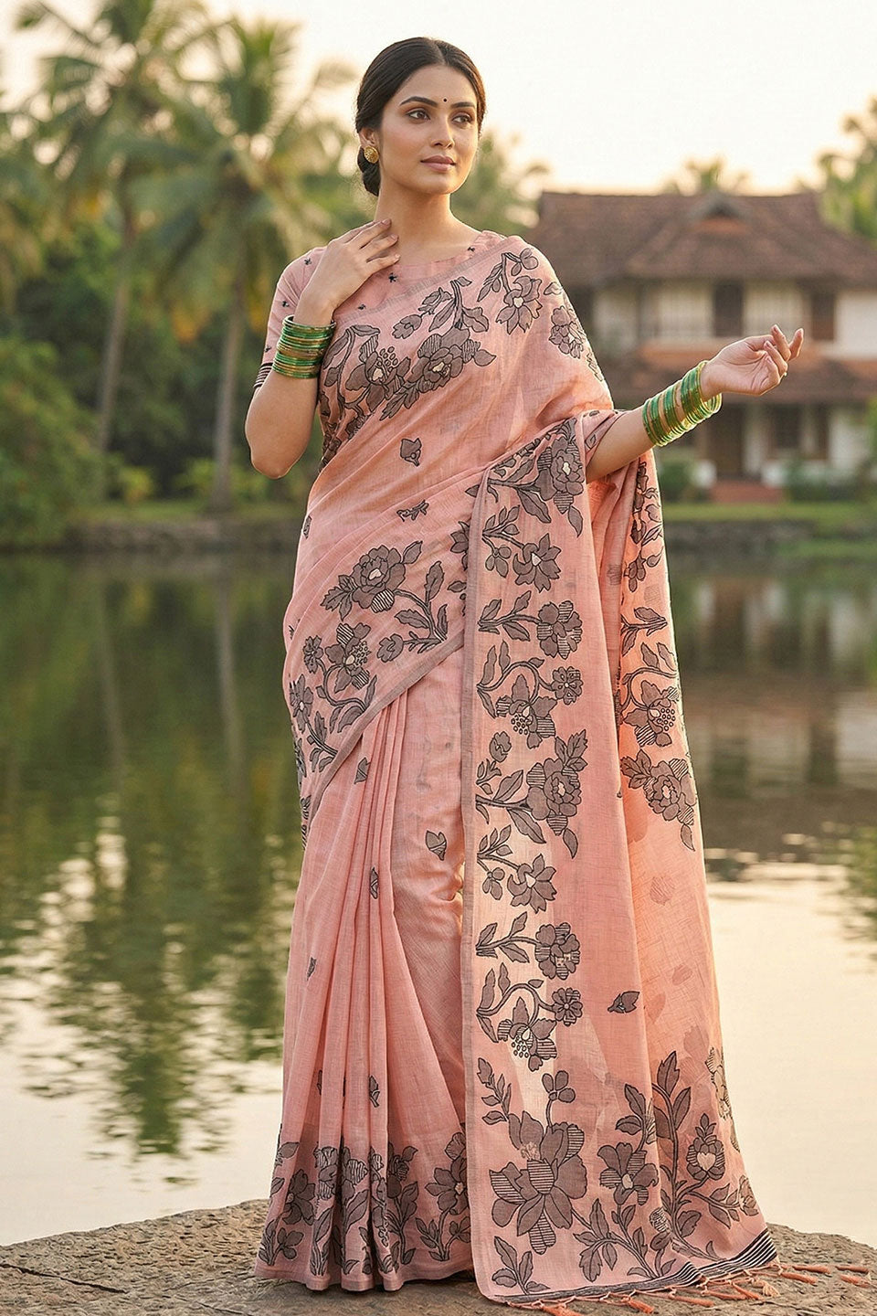 Peach Color Linen Cotton Casual Style Printed Saree | Buy Online India