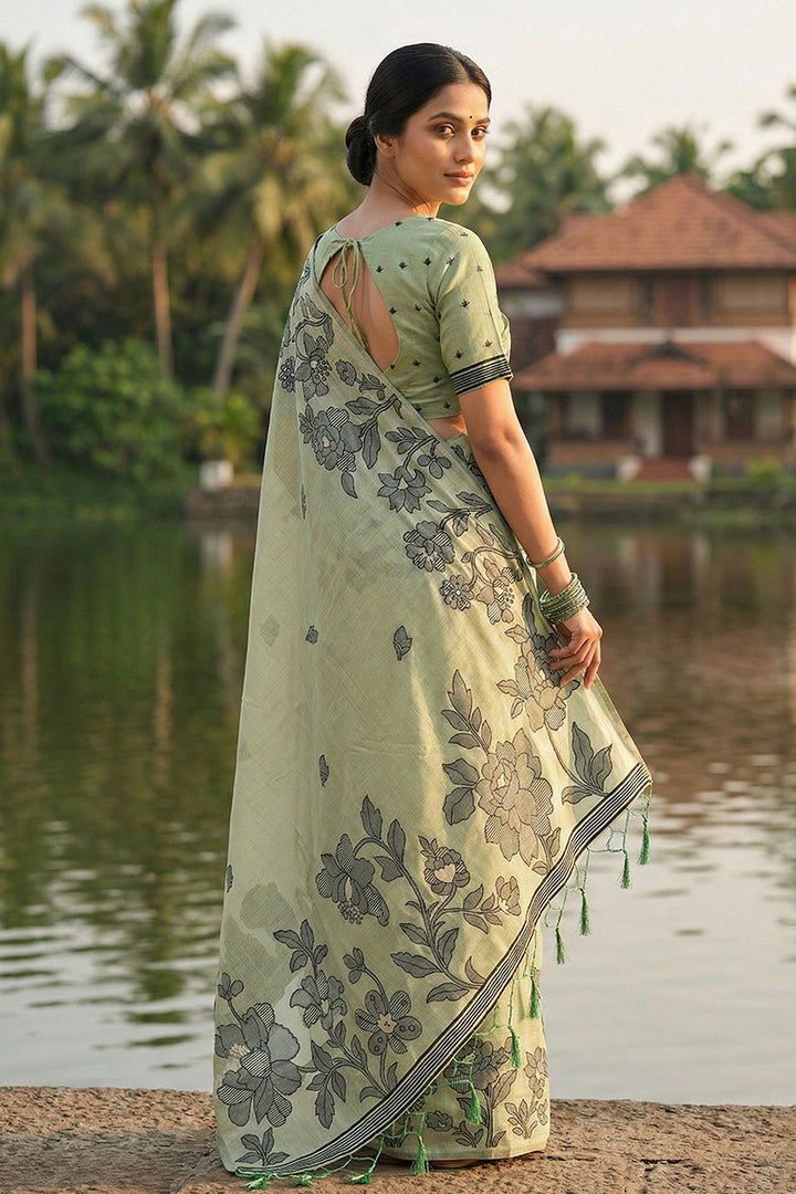 Casual Linen Cotton Printed Saree In Green Color | Buy Online India