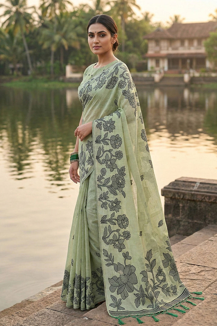 Casual Linen Cotton Printed Saree In Green Color | Buy Online India