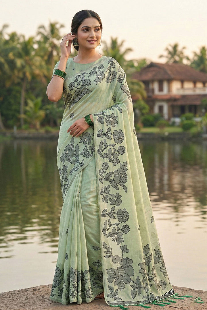 Casual Linen Cotton Printed Saree In Green Color | Buy Online India