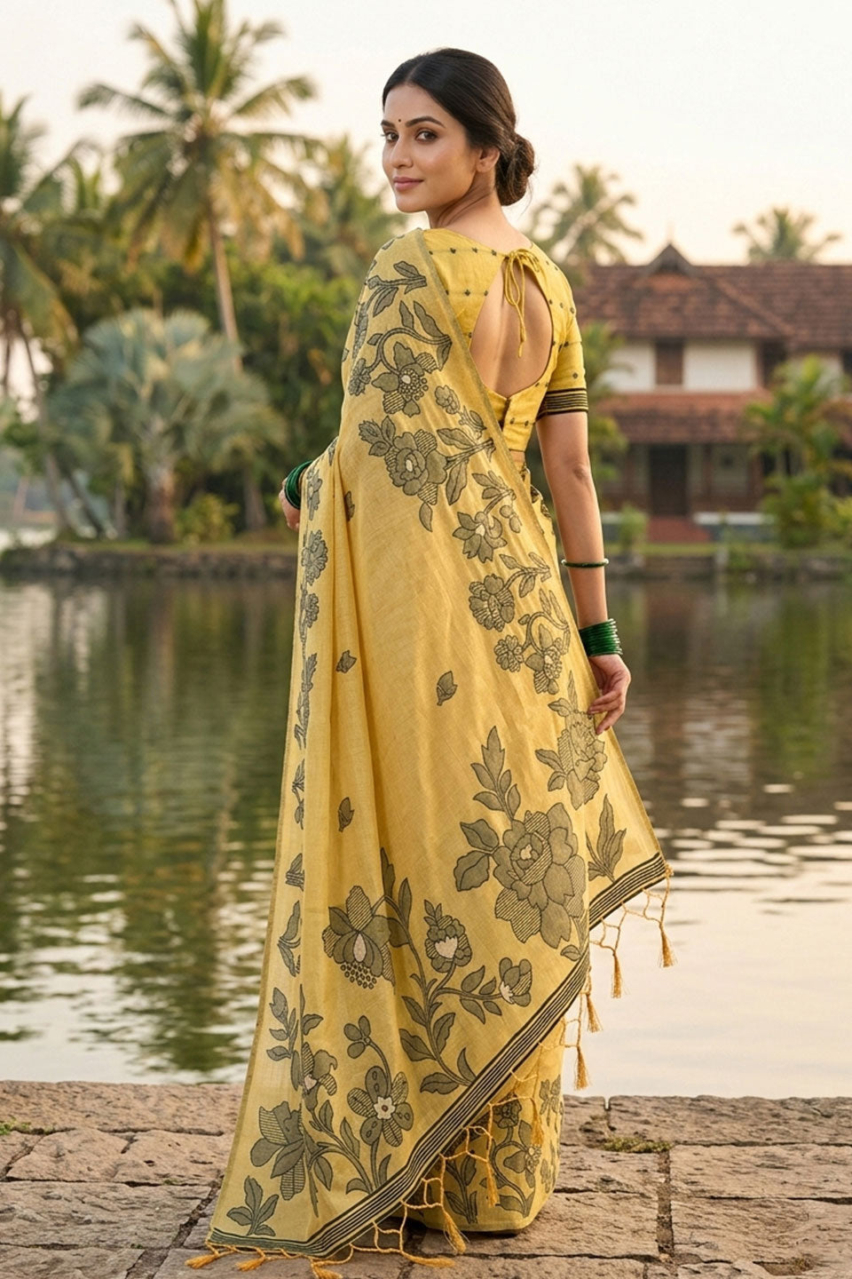 Yellow Color Casual Look Linen Cotton Printed Saree | Buy Online India