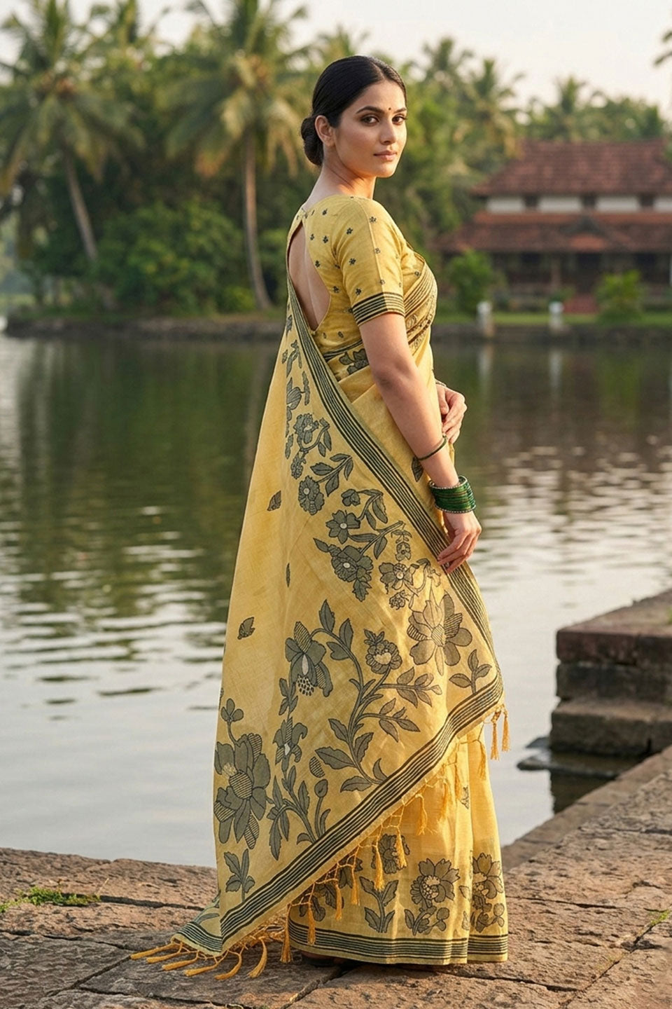 Yellow Color Casual Look Linen Cotton Printed Saree | Buy Online India