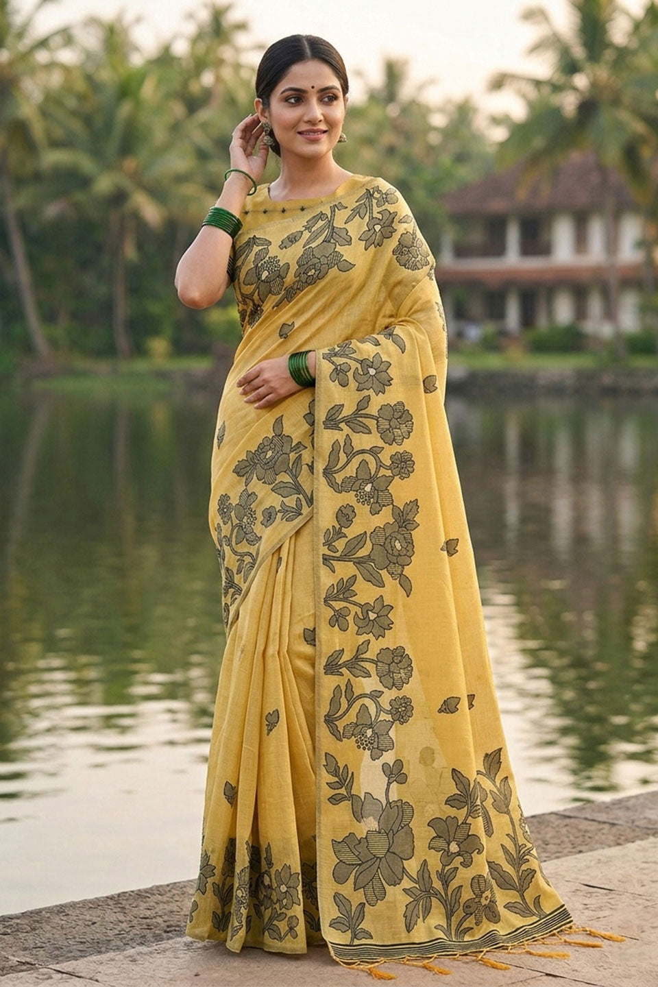 Yellow Color Casual Look Linen Cotton Printed Saree | Buy Online India