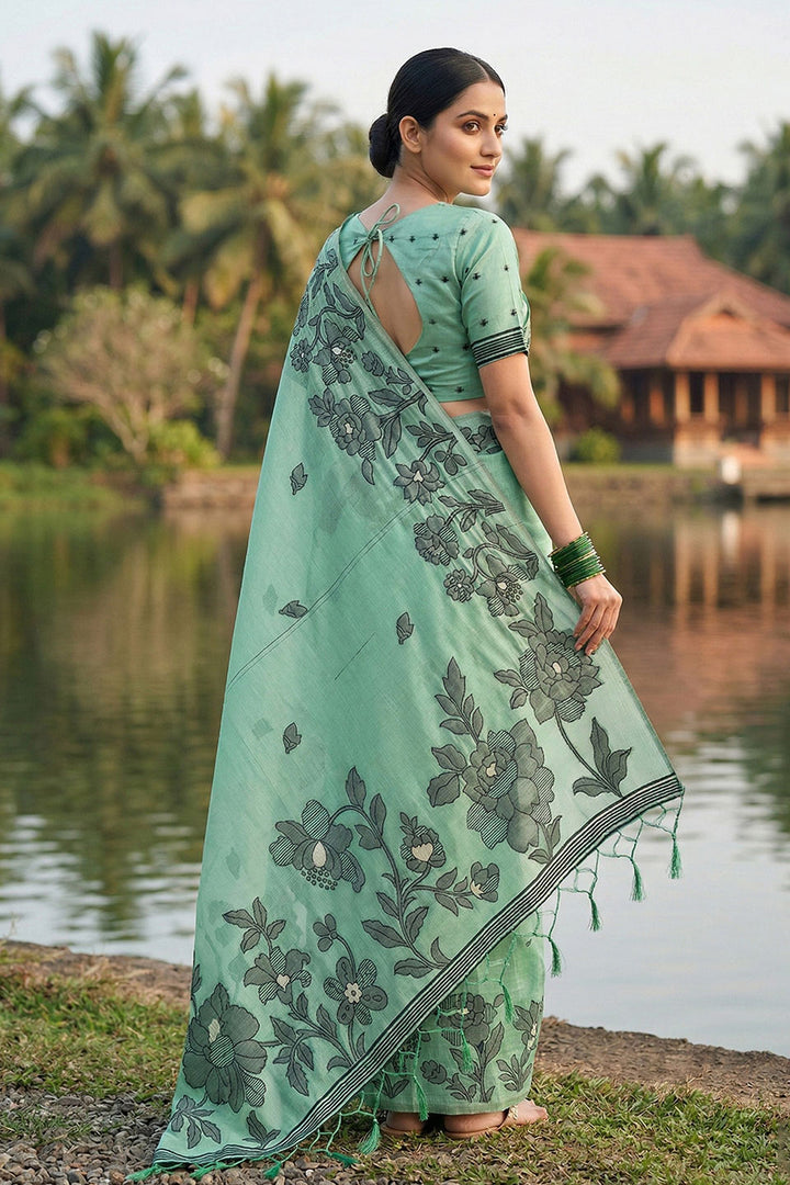 Casual Style Teal Color Linen Cotton Printed Saree | Buy Online India