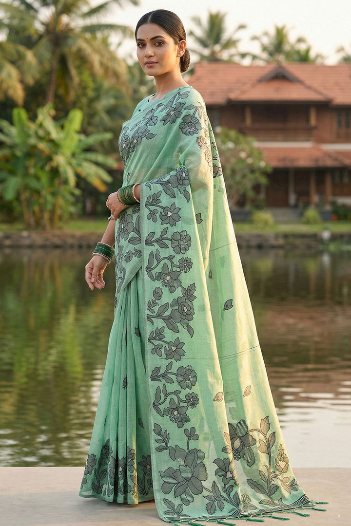 Casual Style Teal Color Linen Cotton Printed Saree | Buy Online India