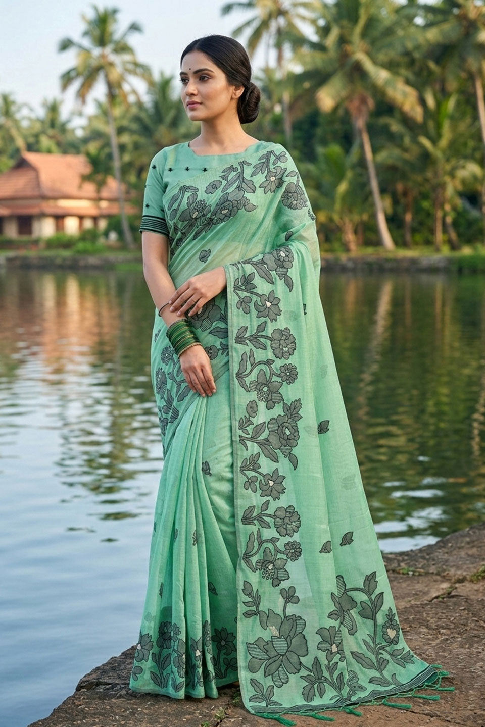 Casual Style Teal Color Linen Cotton Printed Saree | Buy Online India