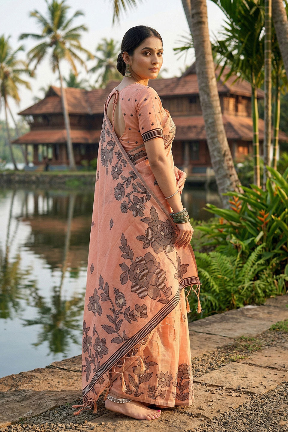 Casual Wear Linen Cotton Printed Saree In Orange Color | Buy Online India