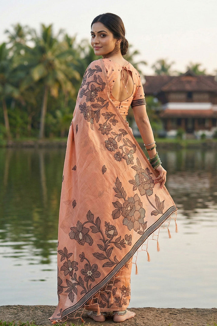 Casual Wear Linen Cotton Printed Saree In Orange Color | Buy Online India