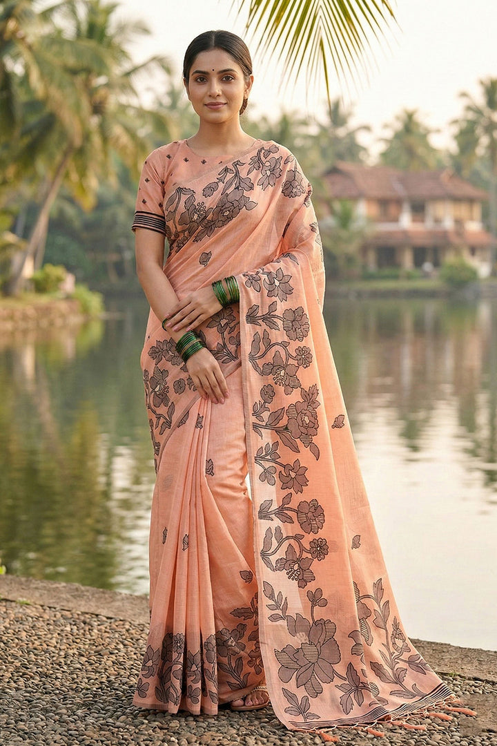Casual Wear Linen Cotton Printed Saree In Orange Color | Buy Online India