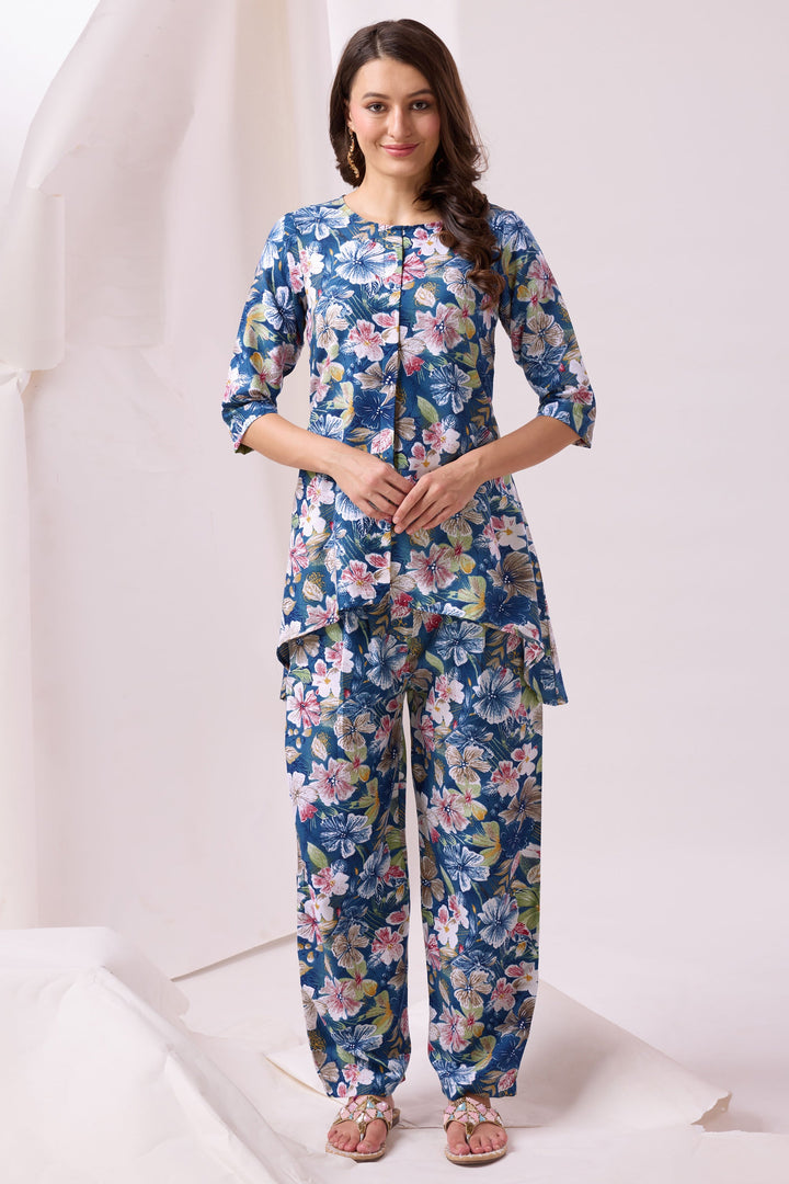 Exclusive Cotton Fabric Printed Trendy Blue Color Co Ord Set | Buy Online India