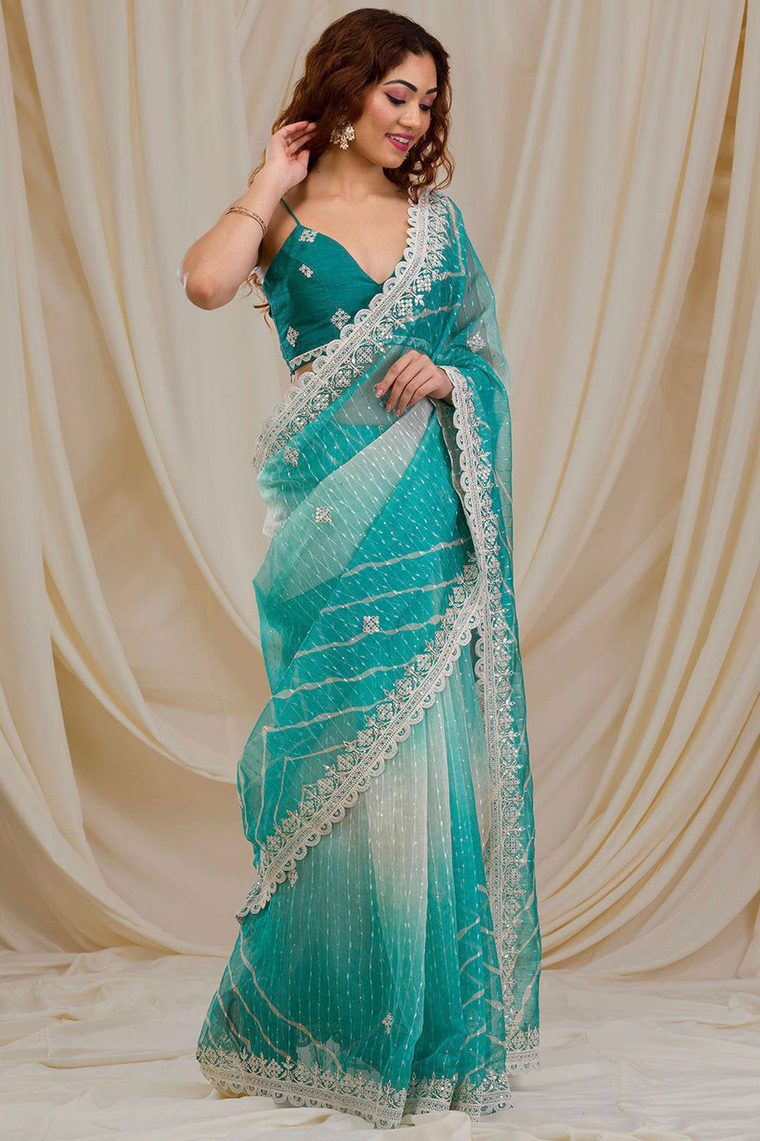 Blazing Cyan Color Fancy Work Party Style Georgette Saree | Buy Online India