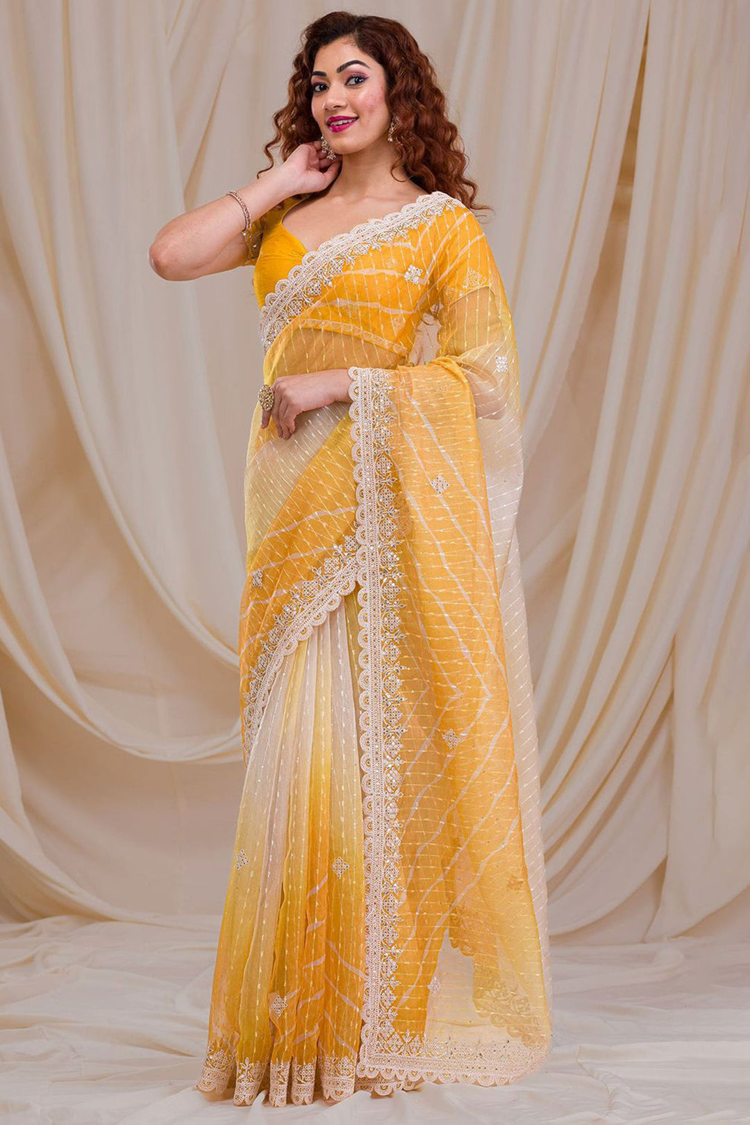 Yellow Color Fancy Work Glamorous Party Style Georgette Saree | Buy Online India