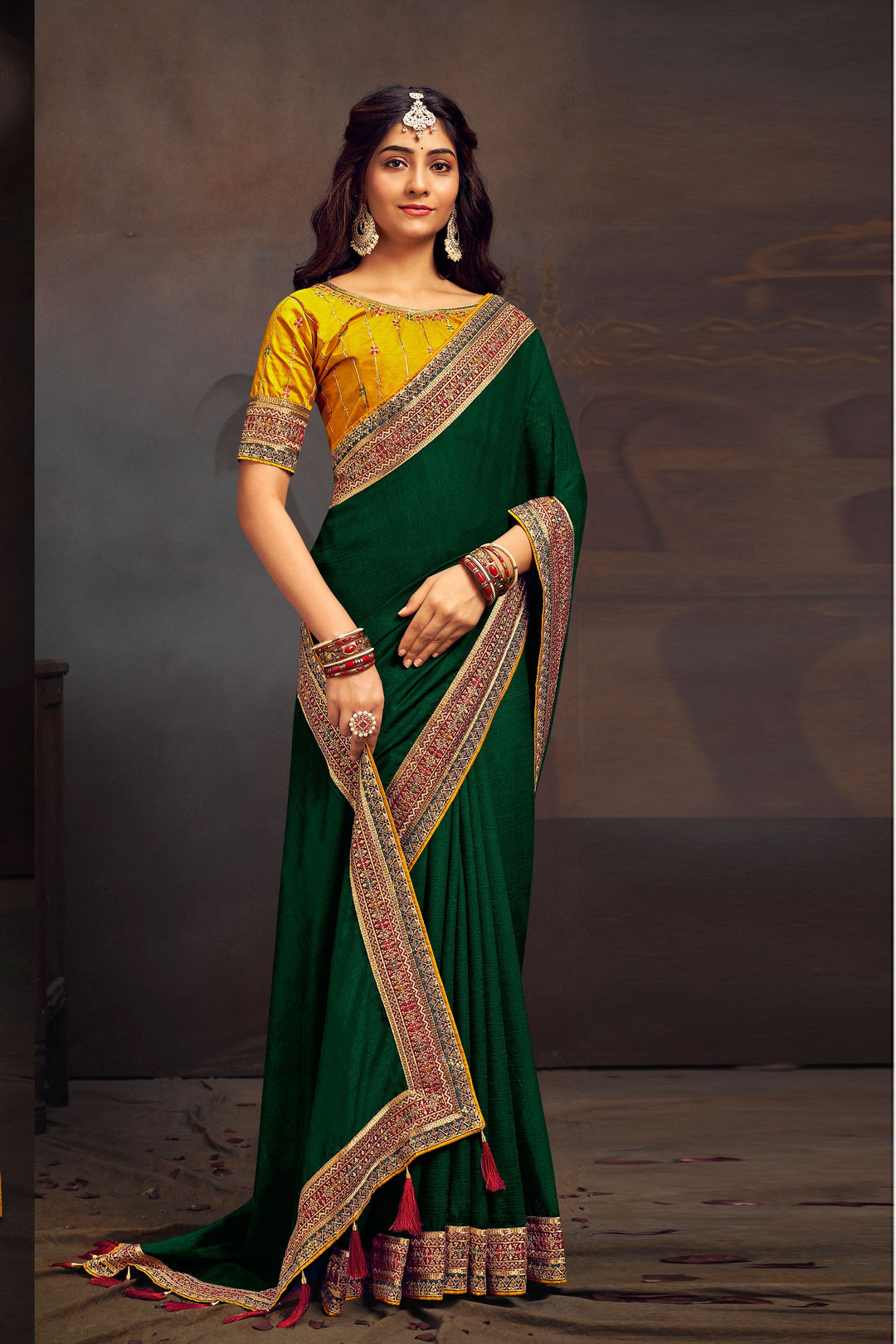 Embellished Green Color Border Work Banglori Silk Saree | Buy Online India