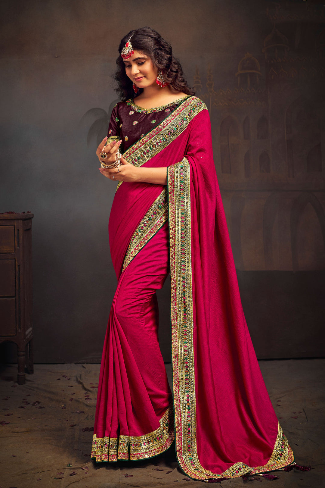Rani Color Fascinating Border Work Banglori Silk Saree | Buy Online India