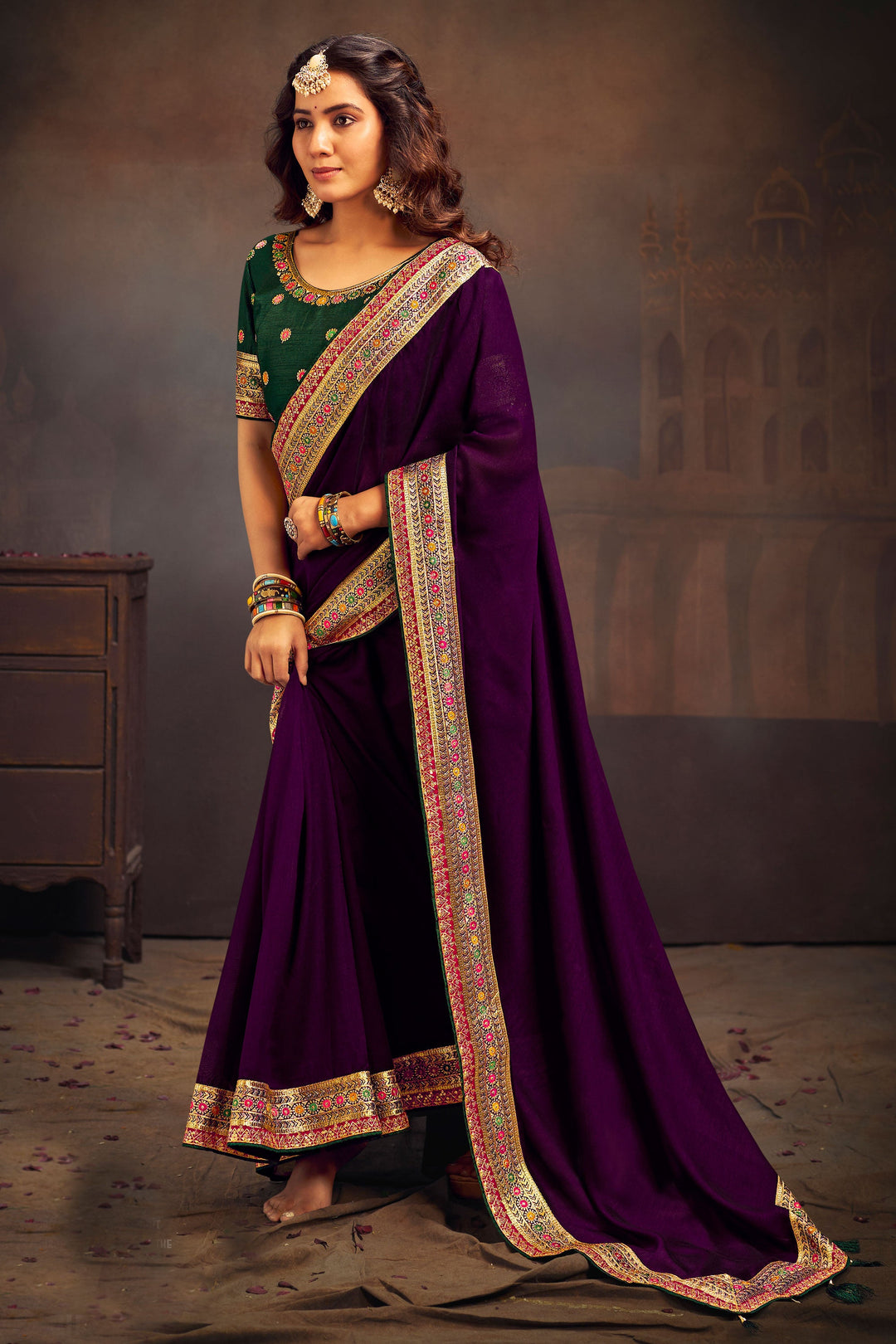Purple Color Charismatic Border Work Banglori Silk Saree | Buy Online India