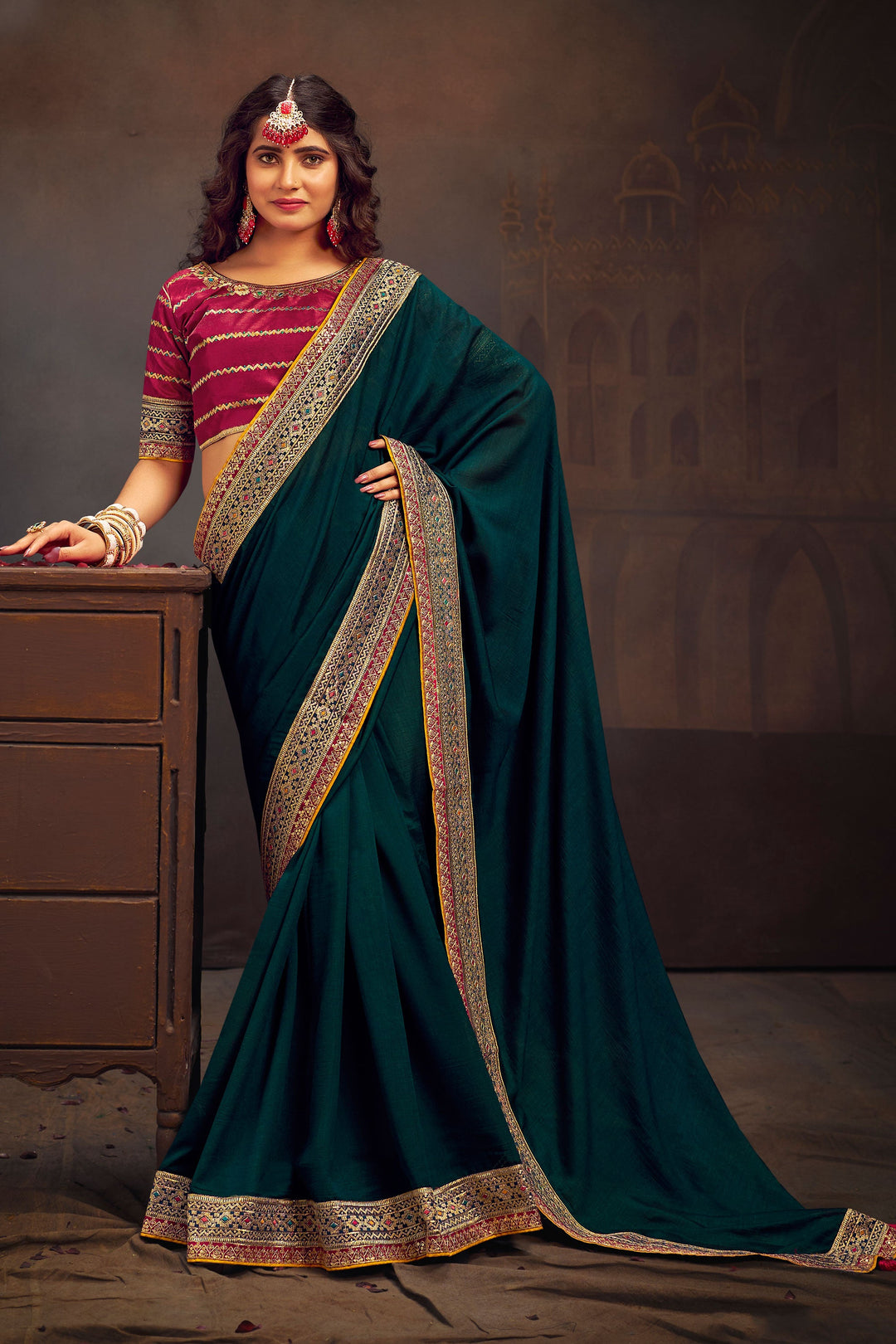 Ingenious Border Work Teal Color Banglori Silk Saree | Buy Online India