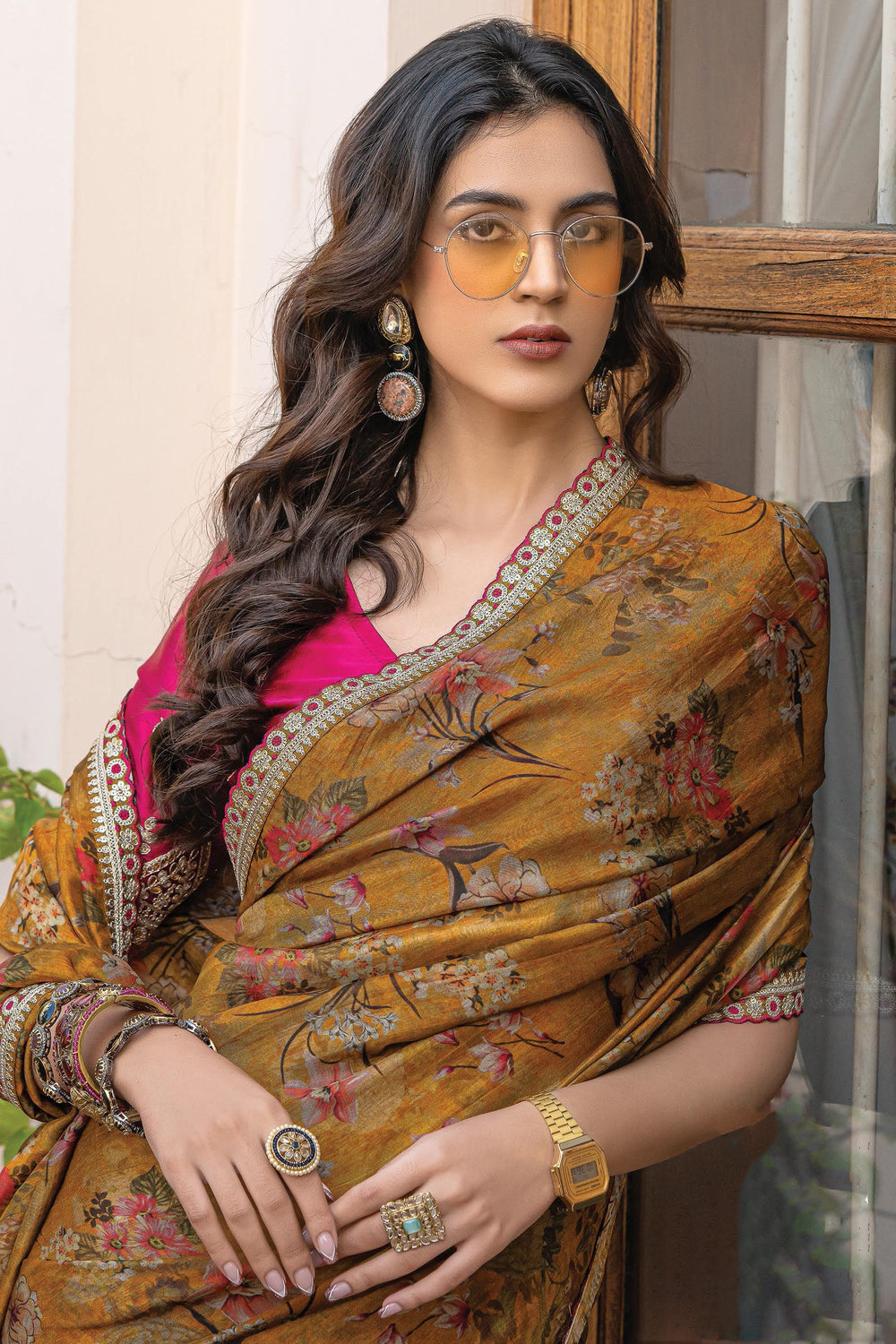 Excellent Viscose Fabric Mustard Color Saree With Printed Work | Buy Online India