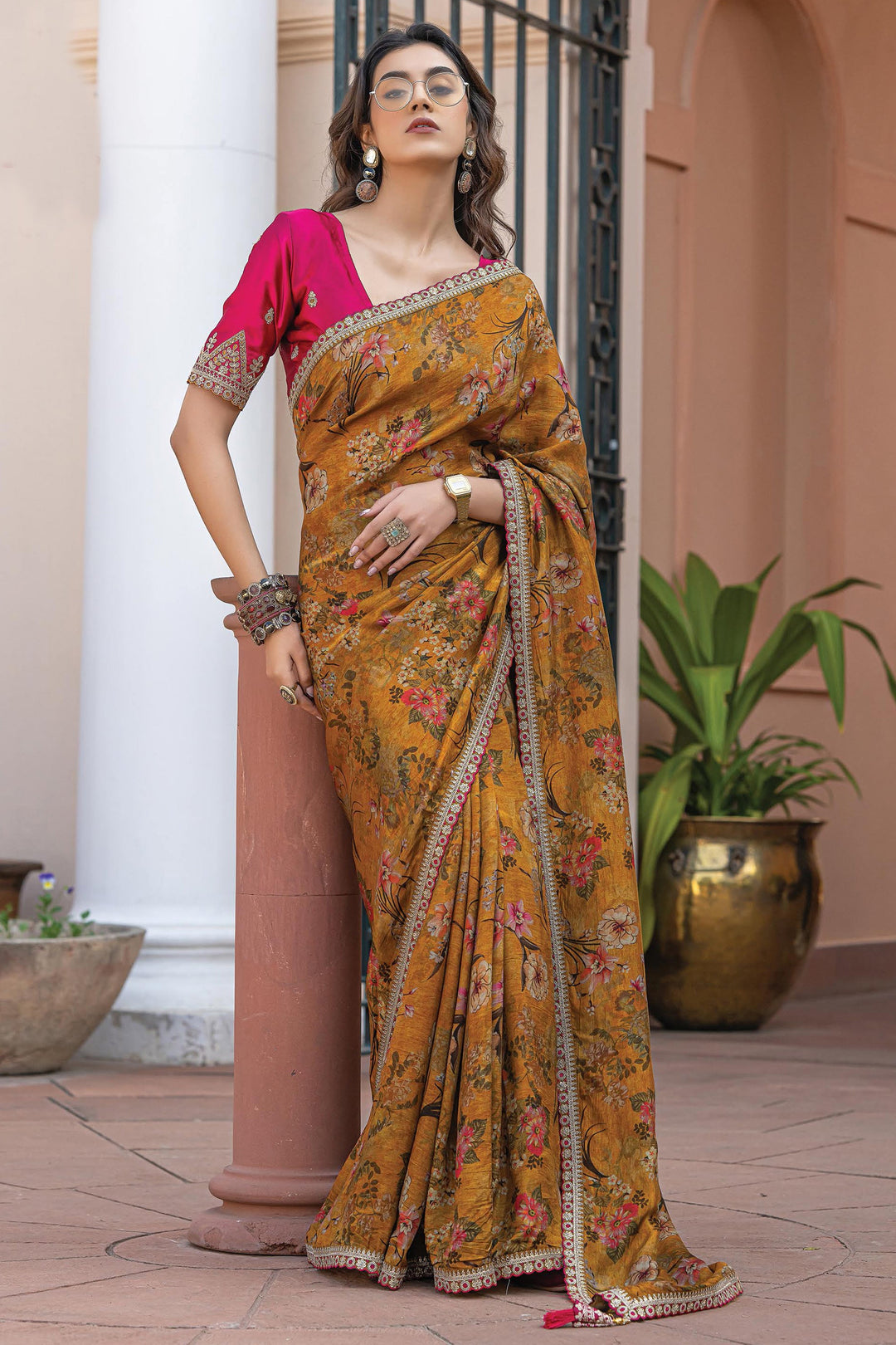 Excellent Viscose Fabric Mustard Color Saree With Printed Work | Buy Online India