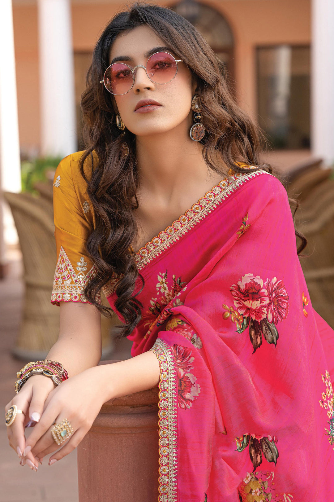 Tempting Viscose Fabric Rani Color Saree With Printed Work | Buy Online India
