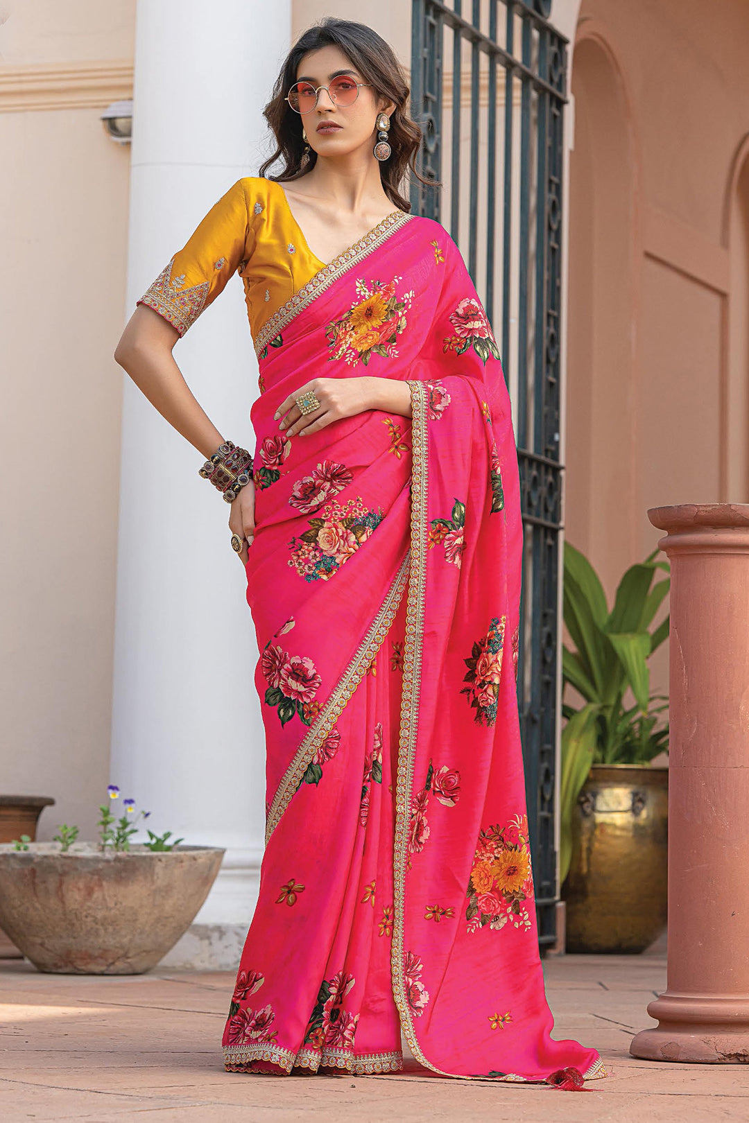 Tempting Viscose Fabric Rani Color Saree With Printed Work | Buy Online India