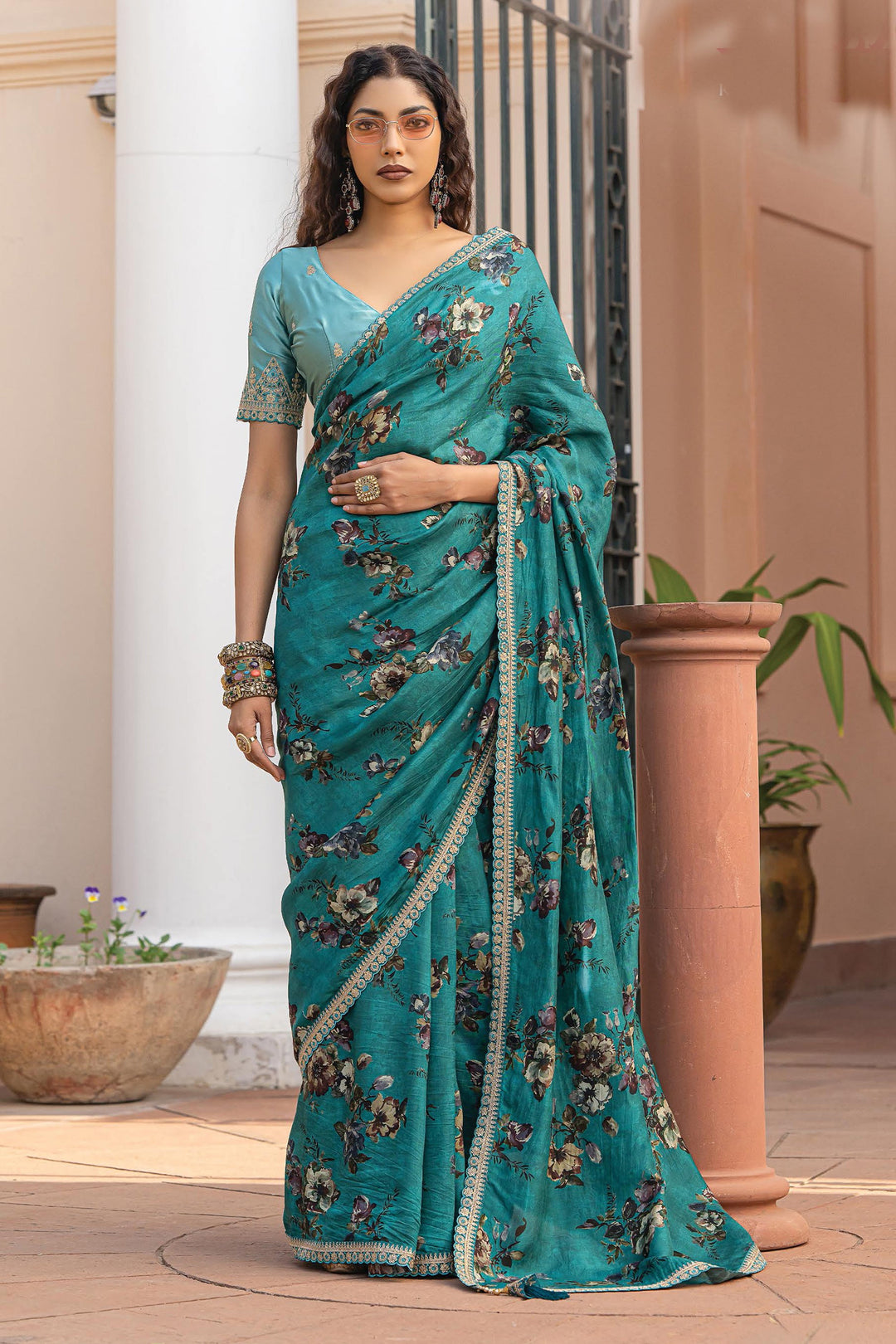Viscose Fabric Sea Green Color Delicate Saree With Printed Work | Buy Online India