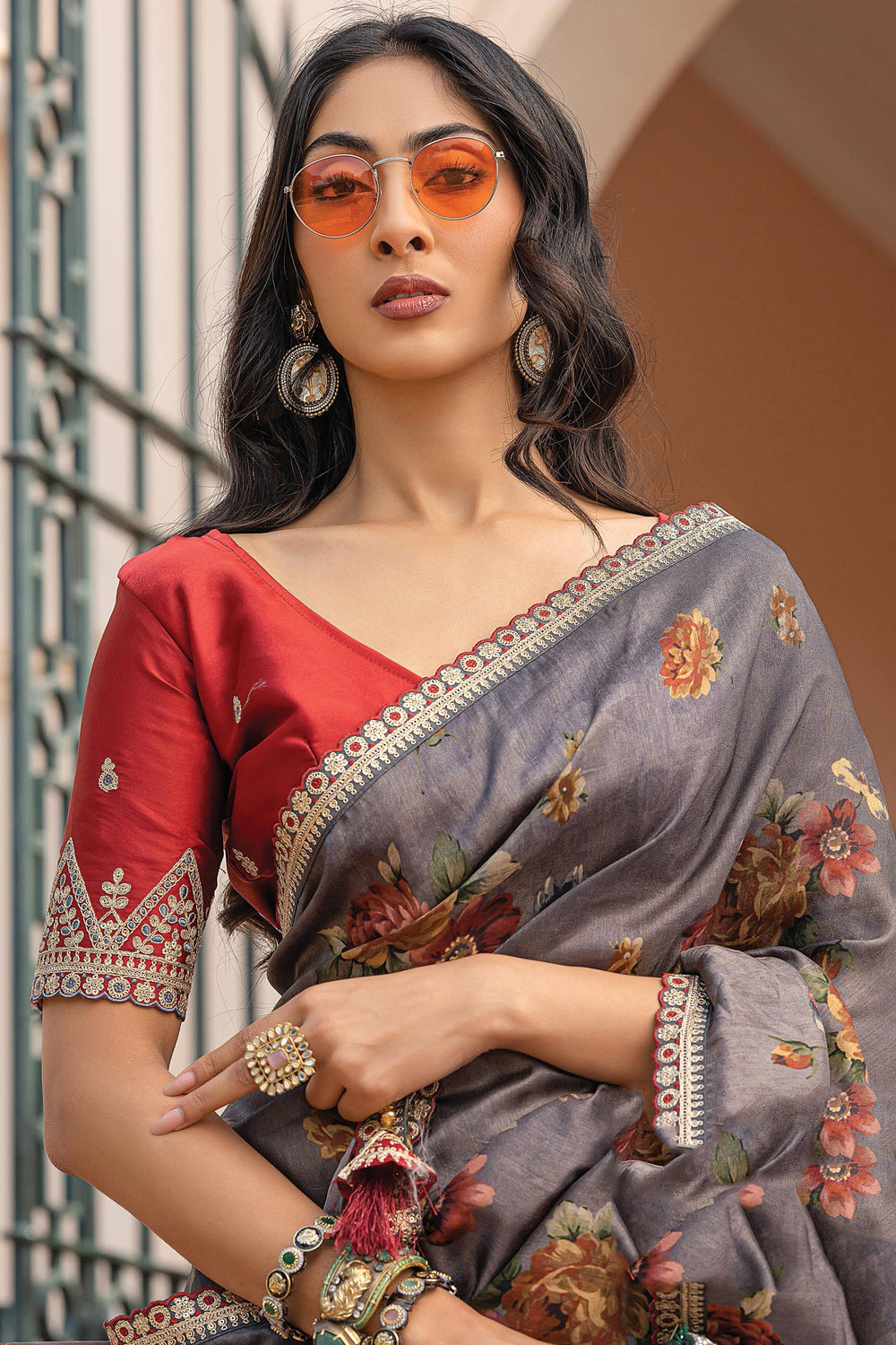 Engaging Grey Color Viscose Fabric Saree With Printed Work | Buy Online India