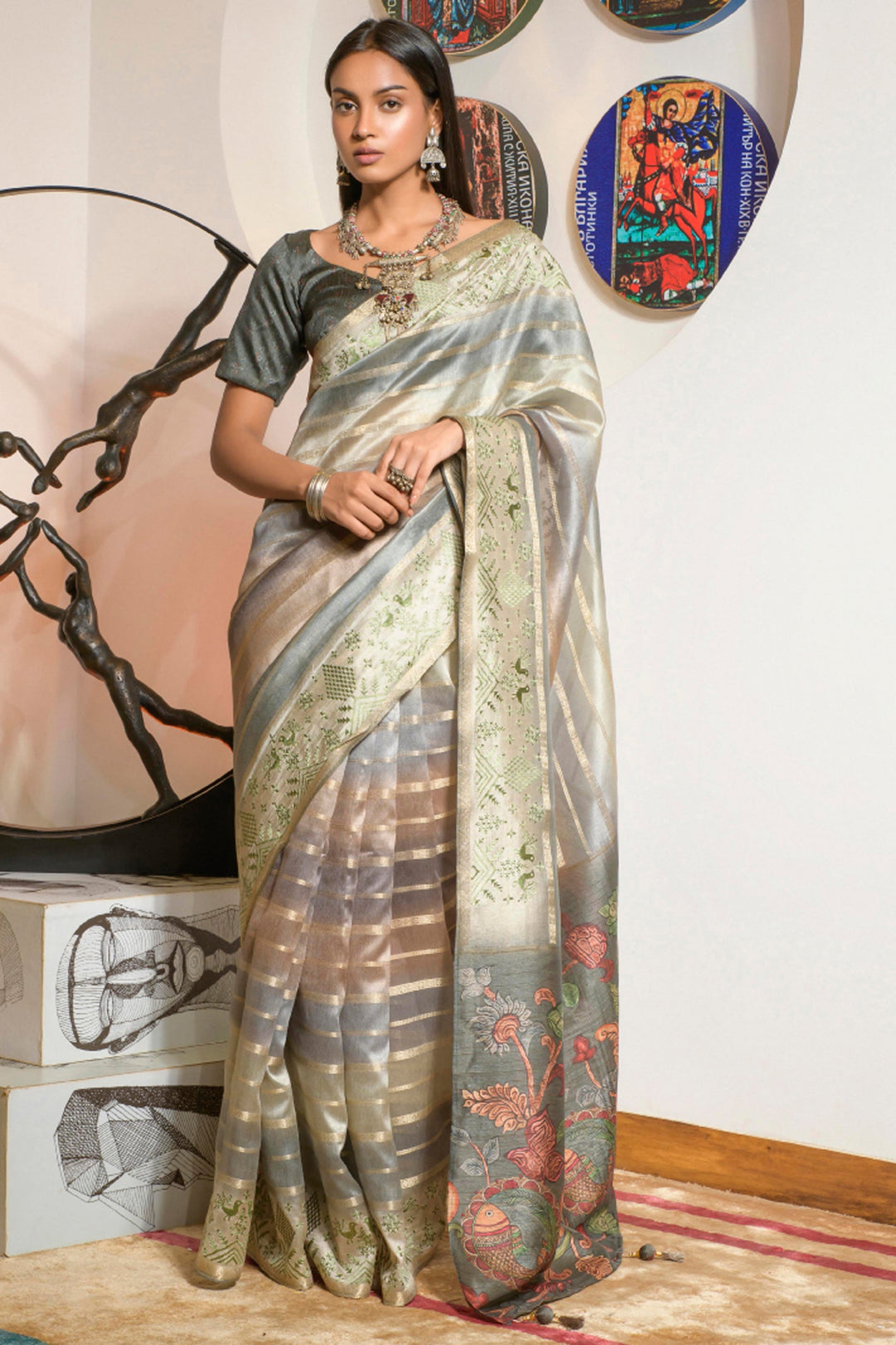 Multi Color Brilliant Organza Fabric Printed Festive Wear Saree | Buy Online India