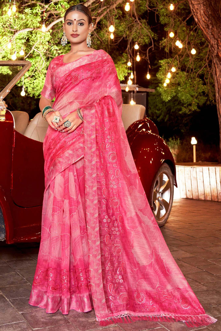 Printed Work Imposing Art Silk Fabric Saree In Pink Color | Buy Online India
