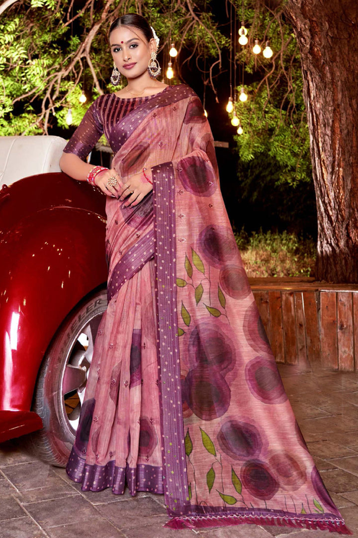 Peach Color Glorious Art Silk Fabric Saree With Printed Work | Buy Online India