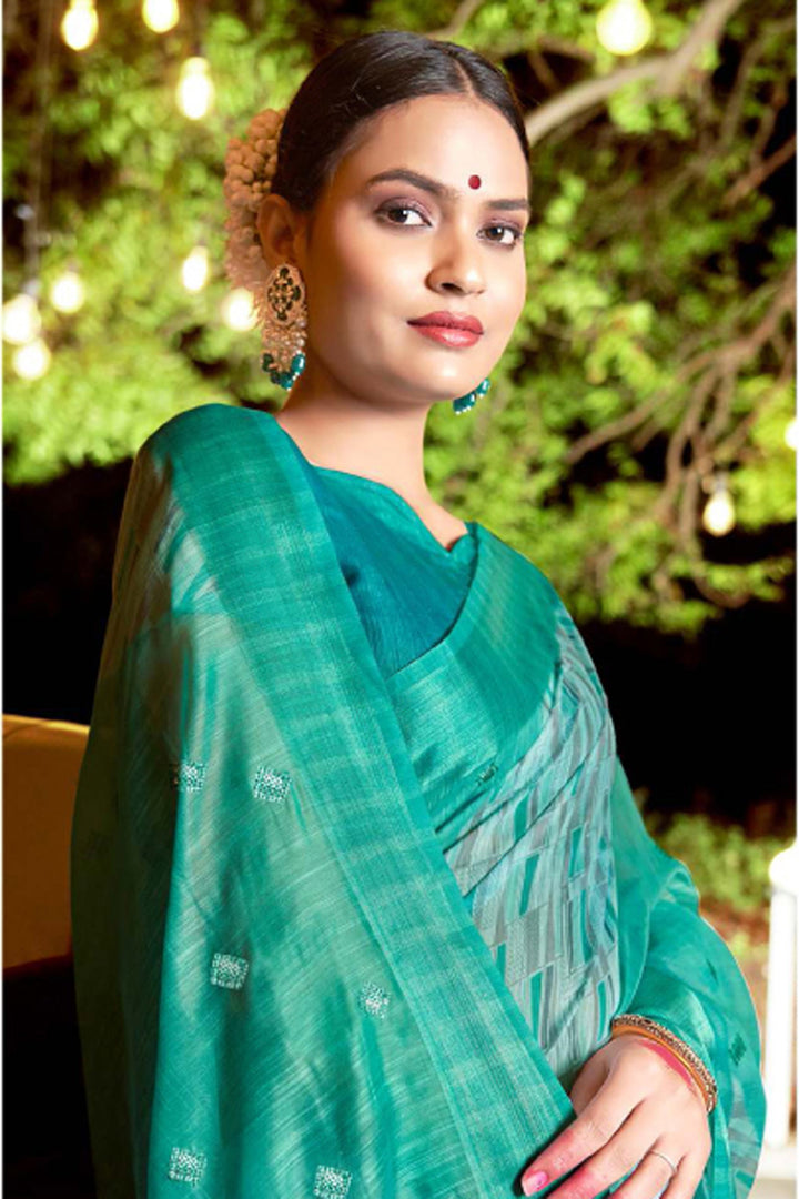 Delicate Sea Green Color Printed Work Art Silk Fabric Saree | Buy Online India