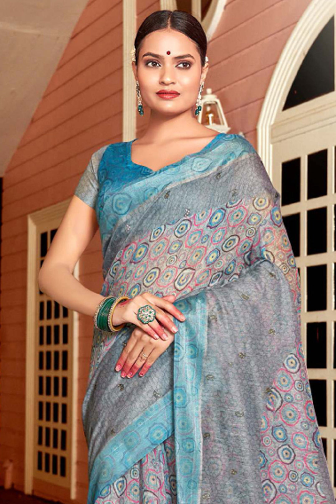 Grey Color Printed Work Glamorous Art Silk Fabric Saree | Buy Online India
