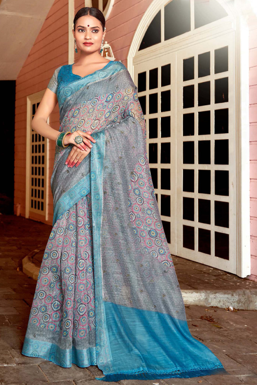 Grey Color Printed Work Glamorous Art Silk Fabric Saree | Buy Online India