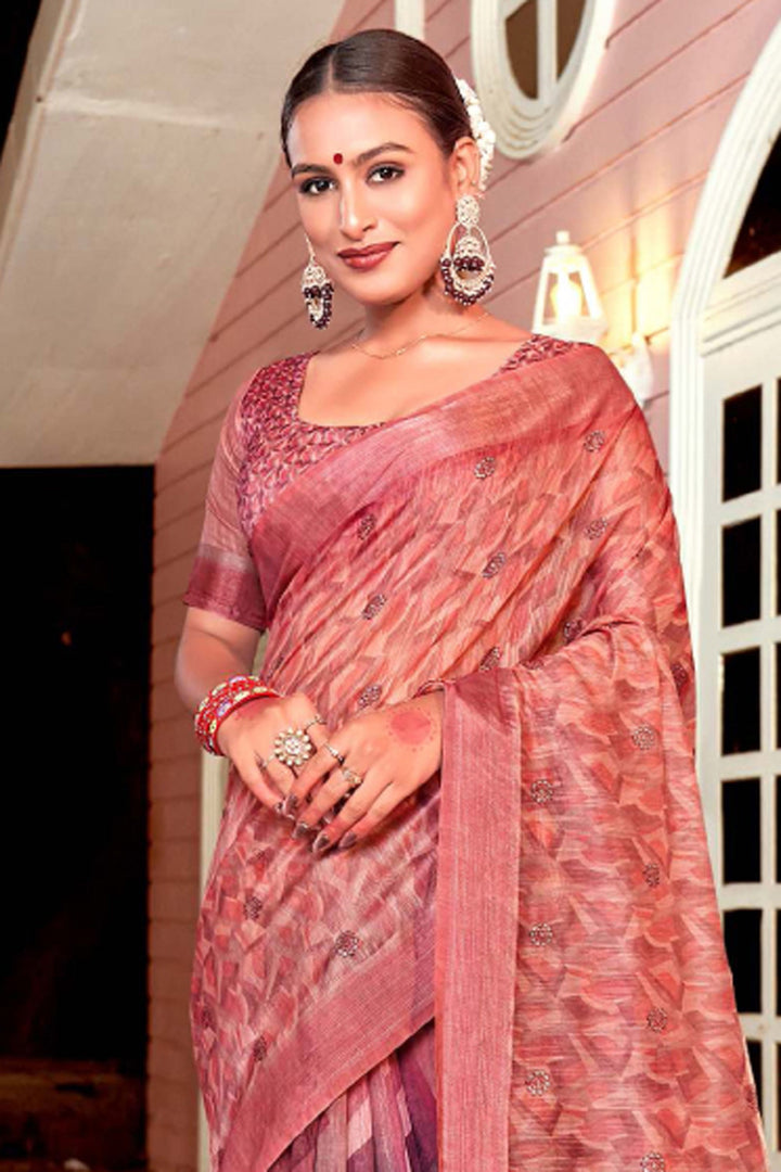Peach Color Exquisite Printed Work Art Silk Fabric Saree | Buy Online India