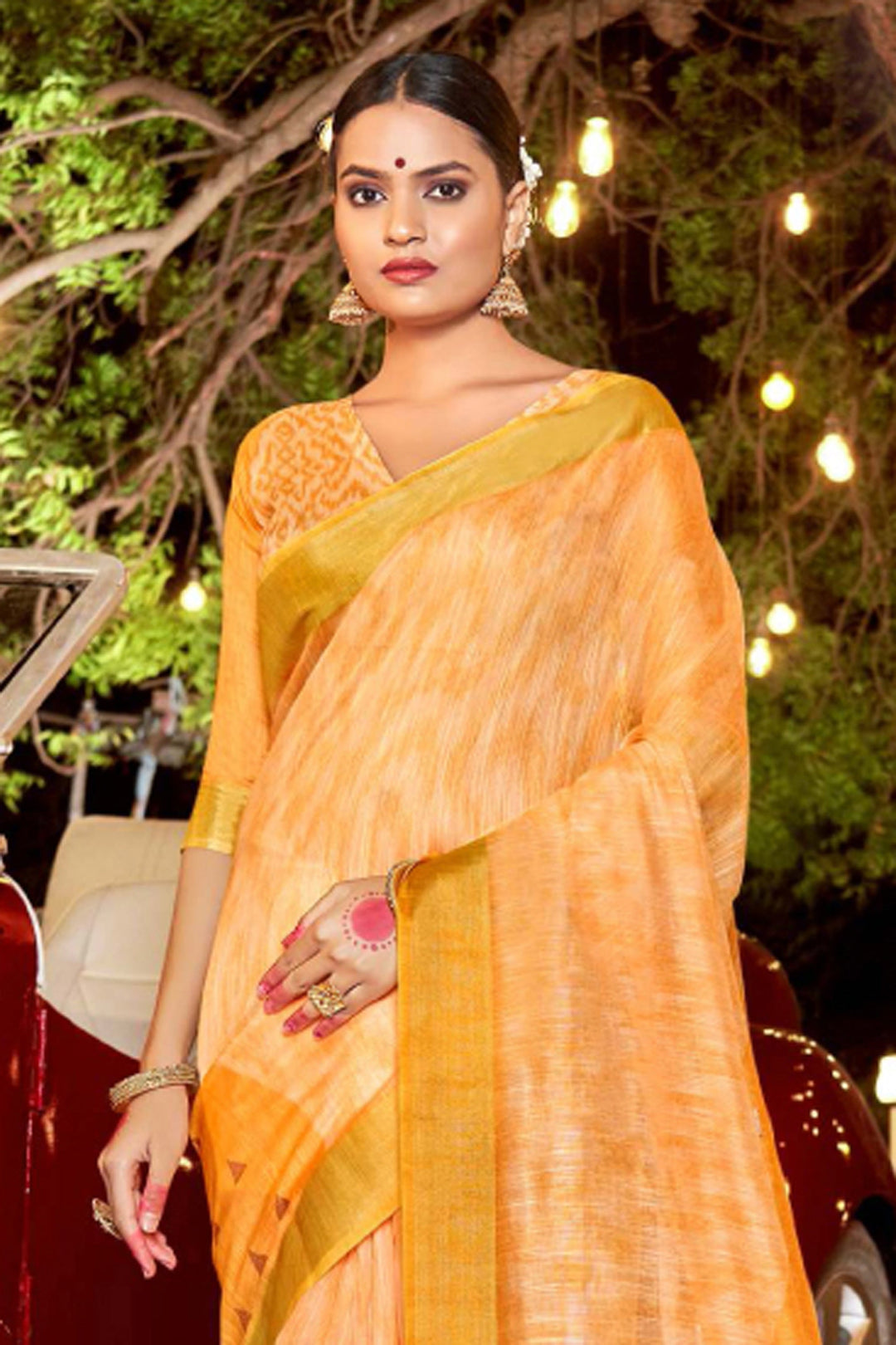 Printed Work Attractive Art Silk Fabric Saree In Mustard Color | Buy Online India