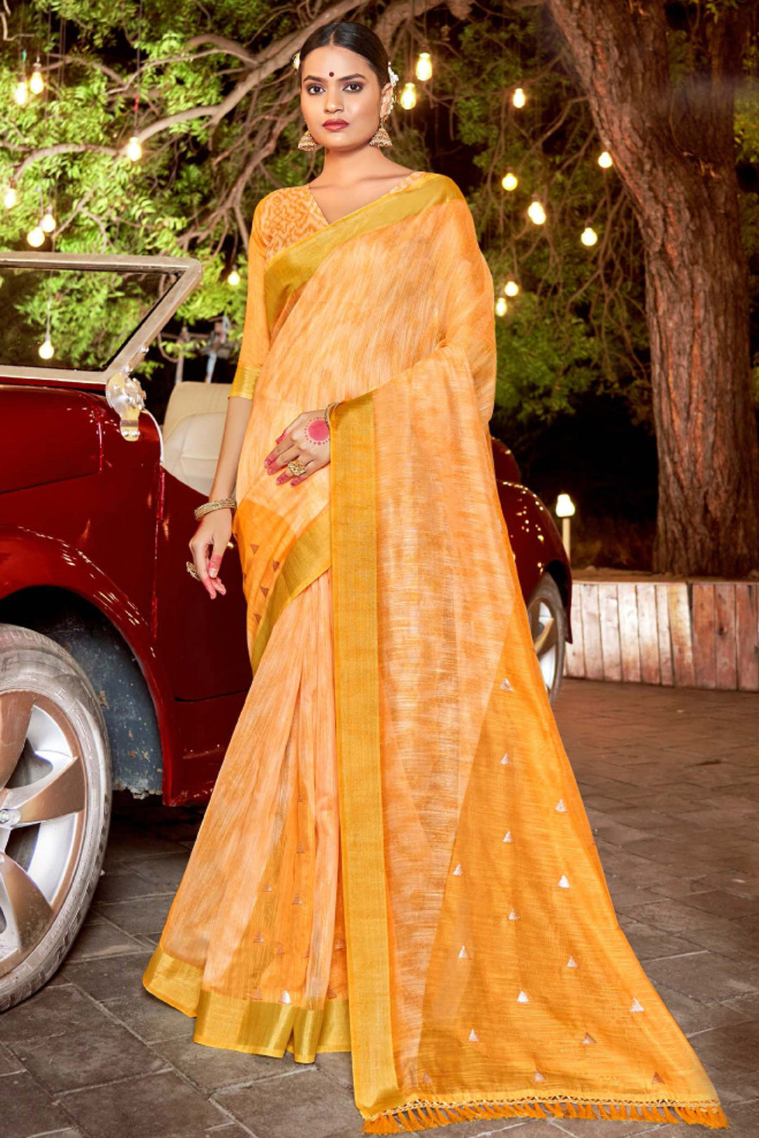Printed Work Attractive Art Silk Fabric Saree In Mustard Color | Buy Online India
