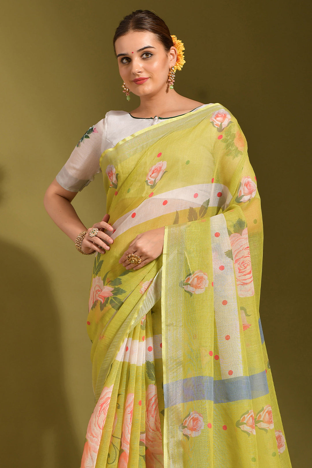 Green Color Linen Fabric Special Saree With Printed Work | Buy Online India