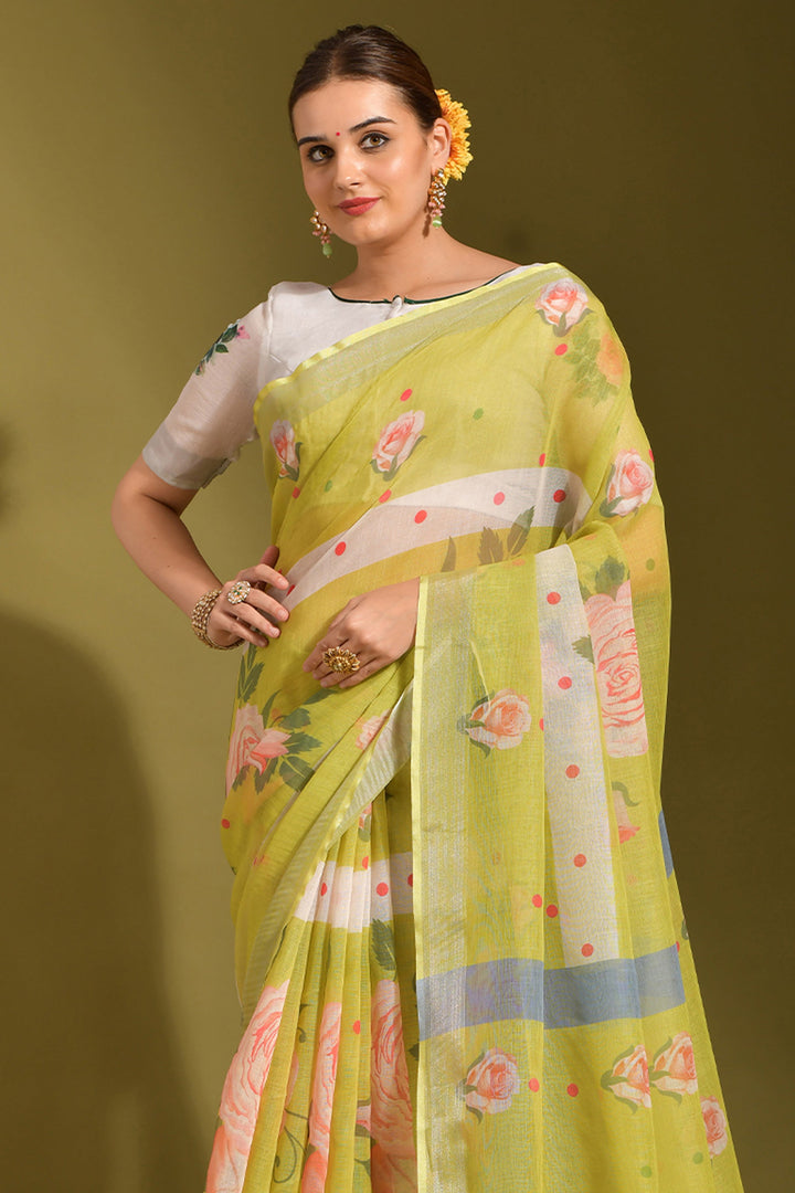 Green Color Linen Fabric Special Saree With Printed Work | Buy Online India
