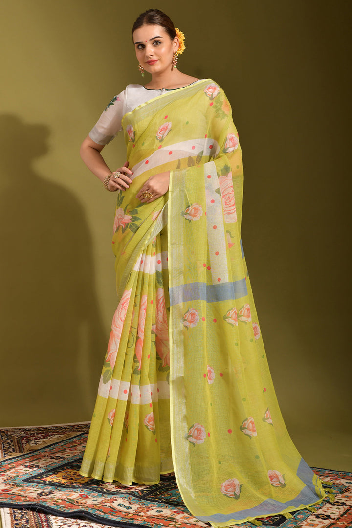 Green Color Linen Fabric Special Saree With Printed Work | Buy Online India