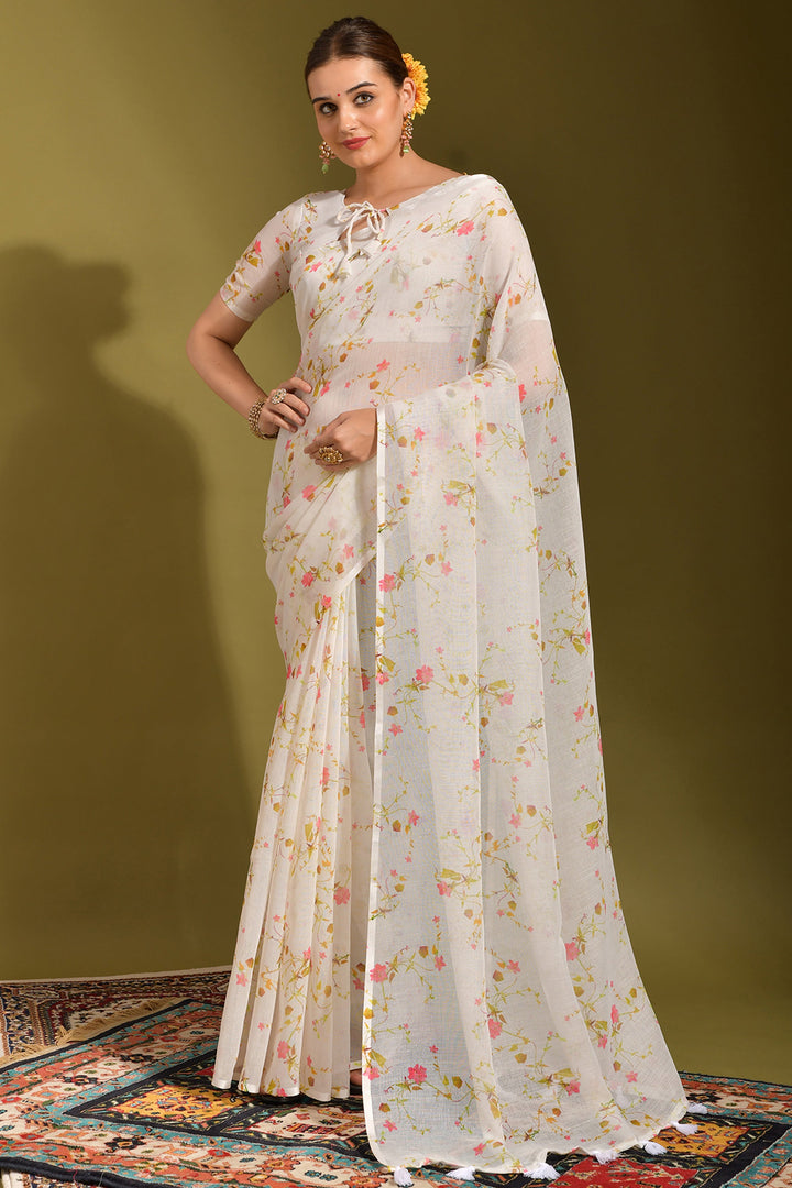 Linen Fabric White Color Pleasance Printed Work Saree | Buy Online India