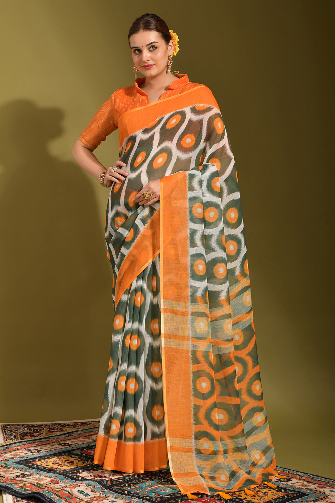 Printed Work On Linen Fabric Bewitching Saree In Multi Color | Buy Online India