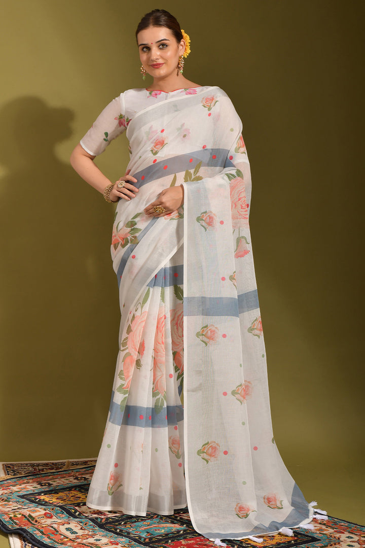 Linen Fabric Coveted White Color Saree With Printed Work | Buy Online India