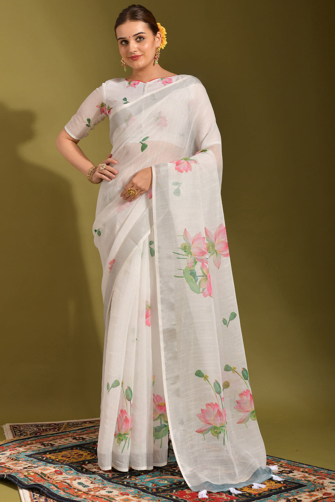 White Color Riveting Linen Fabric Saree With Printed Work | Buy Online India
