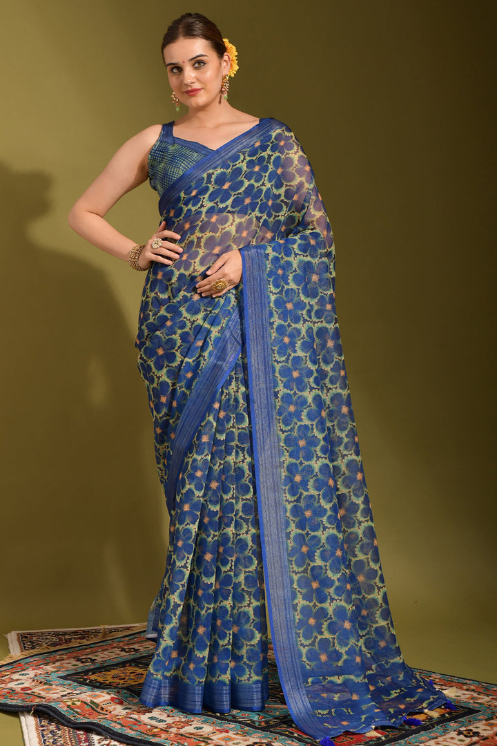 Linen Fabric Navy Blue Color Excellent Saree With Printed Work | Buy Online India