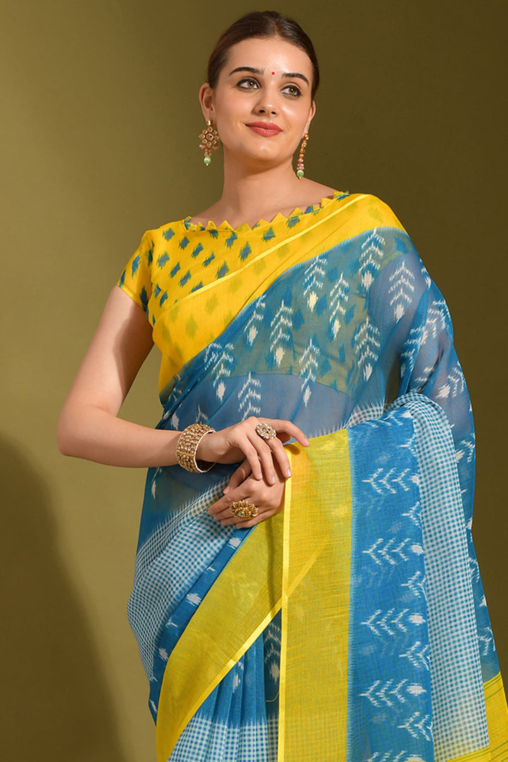 Printed Work On Sky Blue Color Linen Fabric Princely Saree | Buy Online India
