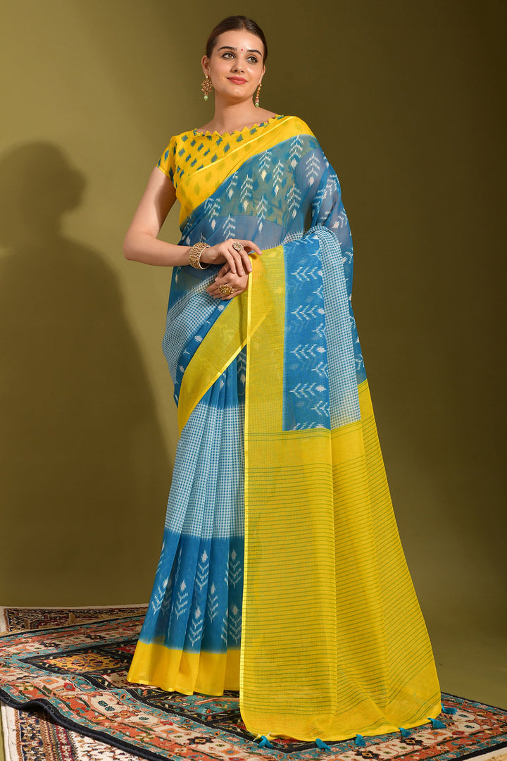 Printed Work On Sky Blue Color Linen Fabric Princely Saree | Buy Online India