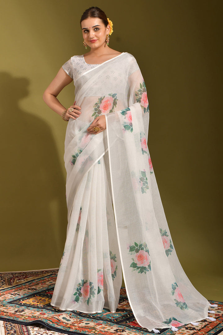 Linen Fabric White Color Patterned Saree With Printed Work | Buy Online India