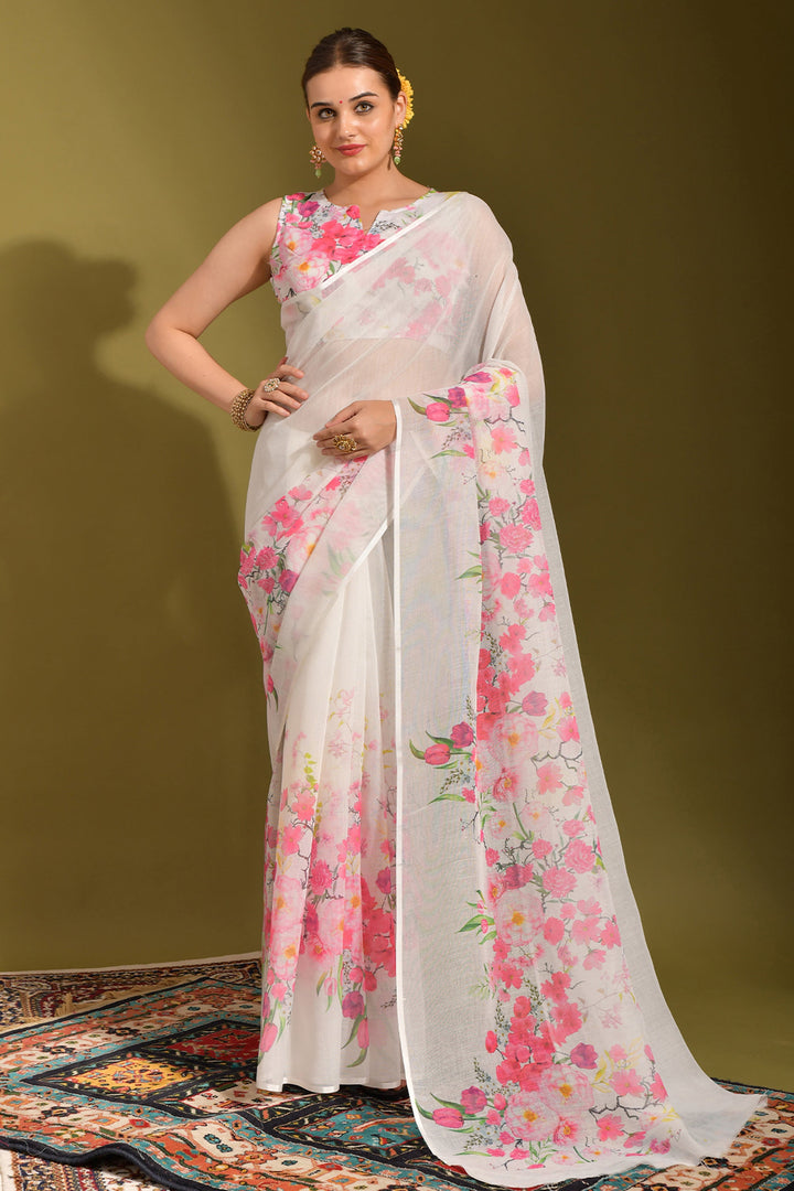 White Color Linen Fabric Engaging Printed Saree | Buy Online India